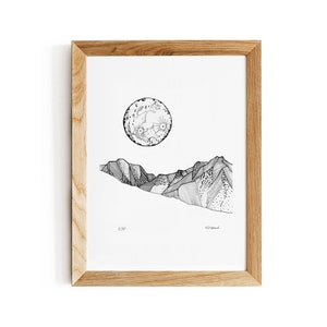 Mountains wall art moon print, modern print home gallery | abstract landscape modern line drawing signed and limited | white house Gift A4
