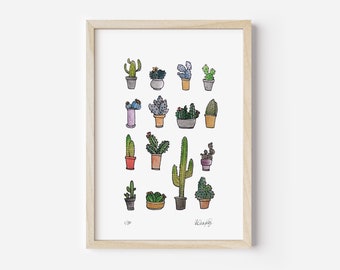 Cactus print, plant lady gift, colourful floral decor, bright wall art, botanic illustration A4