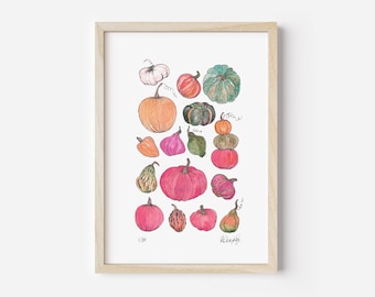 Pumpkin print, pink kitchen decor, fall wall art, fall wall art, pink autumn decor, pumpkin art, pumpkin poster, harvest decor, autumn print