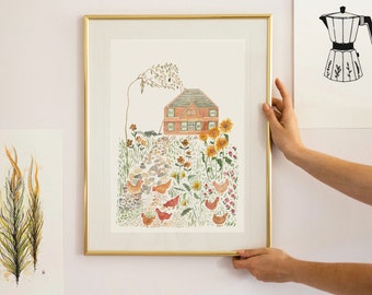 Chickens print | chicken art | farmhouse Wall Art | Cottage core decor | Cottage Art Print | sunflowers decor | chicken gift | chicken girl