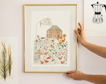 Limited Edition Chicken & Sunflower Print: English Country Cottage Art