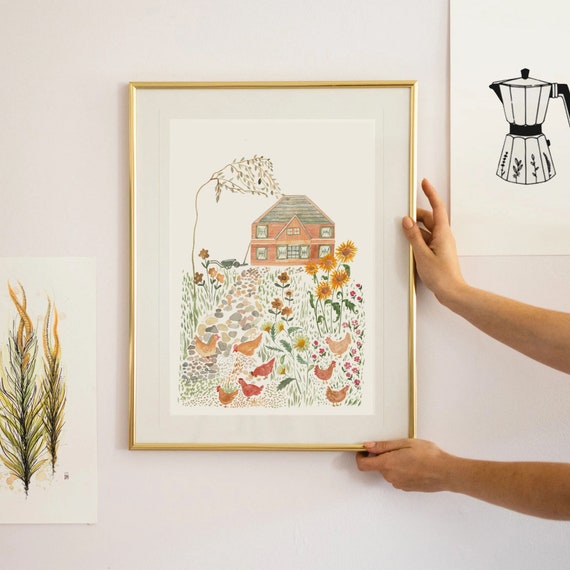 Chickens print, cottage wall art, country decor, hens watercolour painting gift, farmhouse A4 illustration