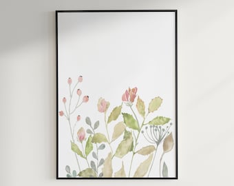 Floral print flowers print, wild flowers art,  nursery modern retro abstract wall art, colourful botanical wild flowers signed A4 8x12"