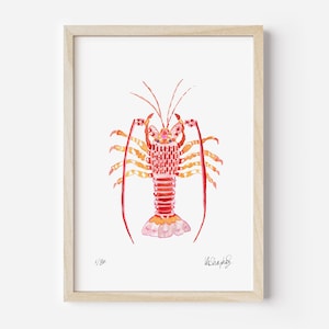 Red Pink Lobster Print, Lobster art, kitchen wall art print, seafood print, seafood gift, bright kitchen print, crab print, food wall art