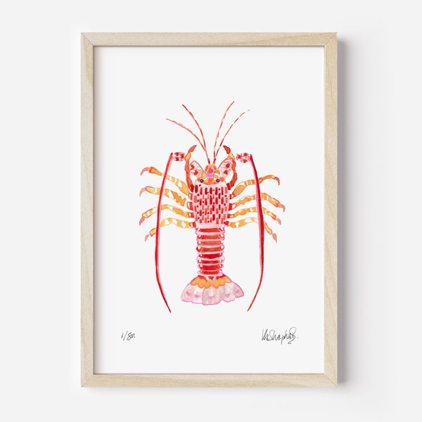 Red Pink Lobster Print, Lobster art, kitchen wall art print, seafood print, seafood gift, bright kitchen print, crab print, food wall art