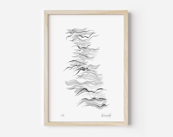 Abstract wall art print | Japanese Landscape sea modern minimalist monochrome mid-century single line flow print | Signed art A4 8x12"