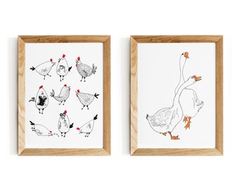 Chicken print, chicken wall art, goose gift, hen print gift, farmers gift, Set of 2 prints - Farmhouse wall art, cottage decor A4 / 8x11"