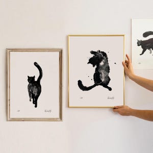 Impressions abstraites de chat noir 15 x 10 cm signées (6 x 4 pouces) - cadeau chat aquarelle - décoration d'intérieur chat - chat de maison moderne minimaliste monochrome