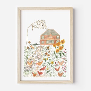 K&ouml;nnte beinhalten: Ein Aquarellbild eines roten Backsteinhauses mit einem Steinweg, der zur Haust&uuml;r f&uuml;hrt. Das Haus ist von einem Garten mit Sonnenblumen, anderen Blumen und H&uuml;hnern umgeben.