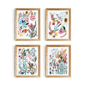 Floral prints flower market decor nursery Set of 4 modern retro abstract wall art, colourful nursery botanical wild flowers 4 x A4, 8x12 image 1