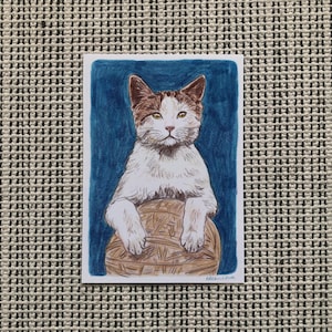 A6 Original Cat Drawing - Kitten with a Ball of String