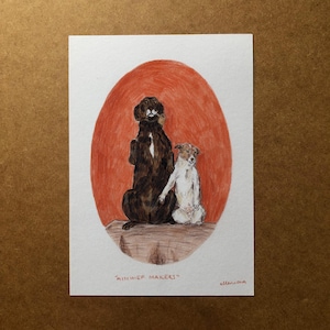 May include: A hand-drawn illustration of two dogs, one brown and one white, sitting on a rock in front of a red circle. The text "Mischief Makers" is written below the dogs.