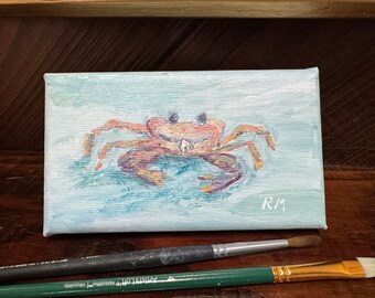 Crab Original Acrylic Painting  on Canvas 3” x 5” Coastal Decor