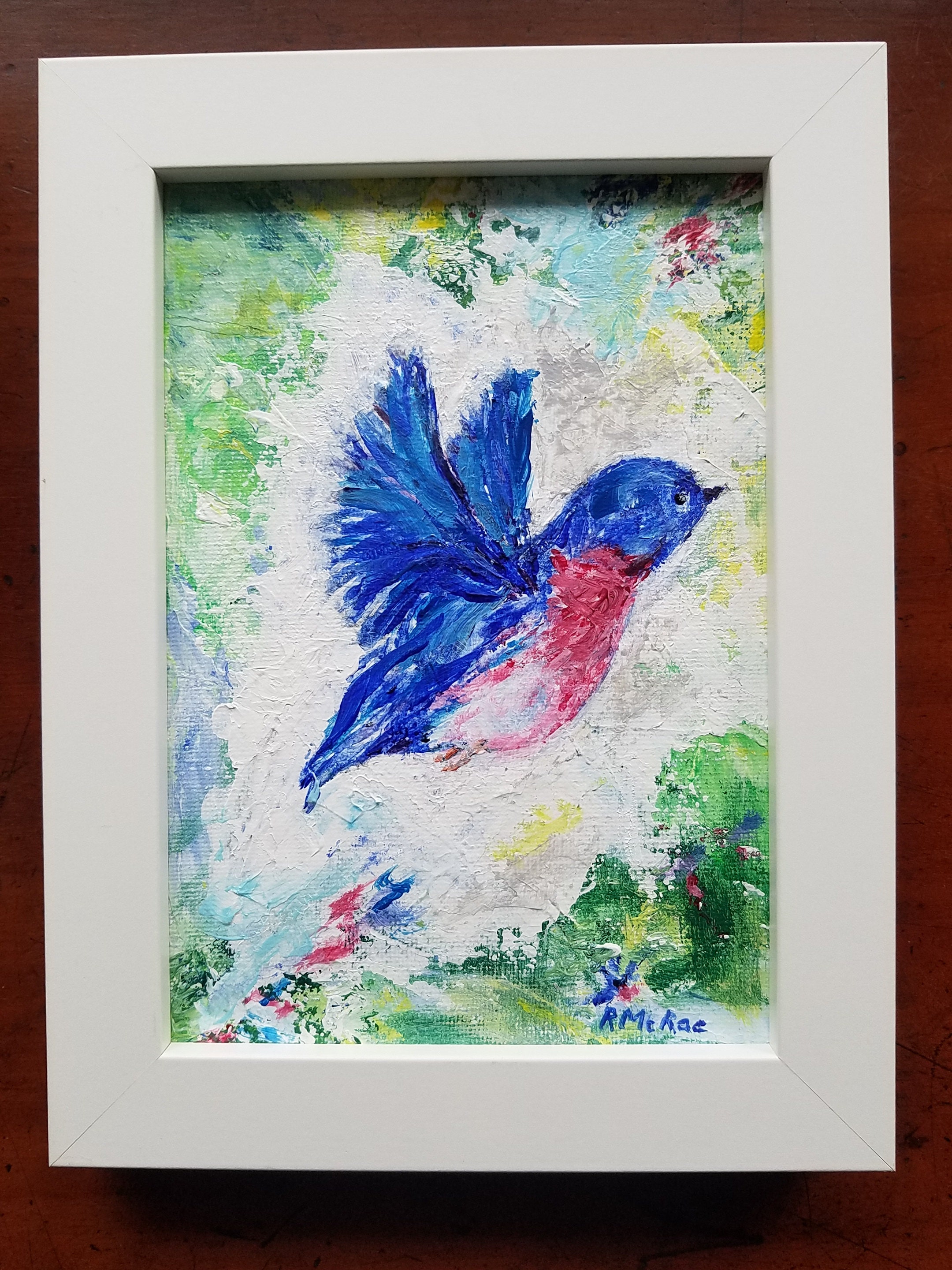 Original Bluebird Painting Acrylic Framed 5 X 7 Signed by Artist Blue