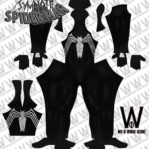 Peut inclure: Un patron noir et blanc pour un costume de Spiderman Symbiote. Le patron comprend la tête, le torse, les bras, les jambes et les mains.