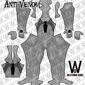 Peut inclure: Un motif noir et blanc d'un costume de super-héros, intitulé "Anti-Venom". Le motif est divisé en sections pour la tête, le torse, les bras et les jambes.