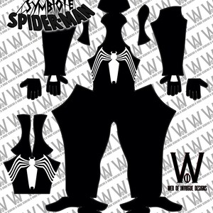 Puede incluir: Patrón en blanco y negro para un disfraz de Spider-Man simbionte. El patrón incluye la cabeza, el torso, las piernas, los brazos y las manos. El patrón incluye el símbolo icónico de Spider-Man en el pecho y la espalda.
