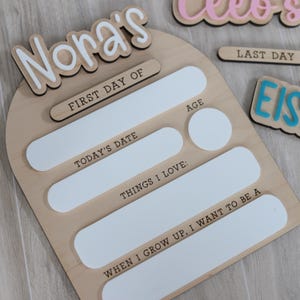 Pu&ograve; includere: Un cartello in legno per il primo giorno di scuola con il nome "Nora's" in lettere bianche. Il cartello include spazi per "First Day Of", "Today's Date", "Age", "Things I Love" e "When I Grow Up, I Want to Be A". Sono visibili altri cartelli.