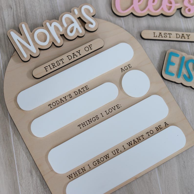 Pu&ograve; includere: Un cartello in legno per il primo giorno di scuola con il nome "Nora's" in lettere bianche. Il cartello include spazi per "First Day Of", "Today's Date", "Age", "Things I Love" e "When I Grow Up, I Want to Be A". Sono visibili altri cartelli.