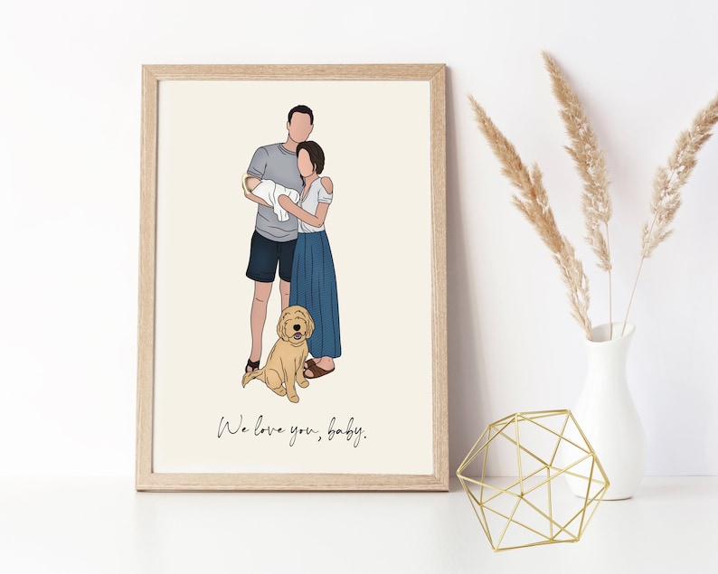 Pode incluir: Uma ilustra&ccedil;&atilde;o digital de um retrato de fam&iacute;lia com um casal segurando um beb&ecirc; e um cachorro dourado. O texto "We love you, baby." est&aacute; na parte inferior da imagem.