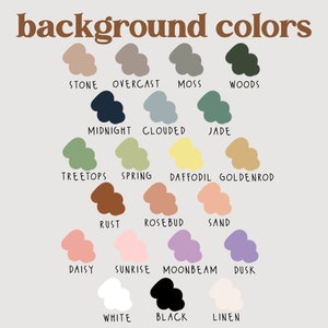 Pode incluir: Um gr&aacute;fico de 18 cores de fundo diferentes com nomes para cada cor. As cores incluem pedra, nublado, musgo, madeira, meia-noite, nublado, jade, copas das &aacute;rvores, primavera, narciso, vara de ouro, ferrugem, bot&atilde;o de rosa, areia, margarida, nascer do sol, luar, crep&uacute;sculo, branco, preto e linho.