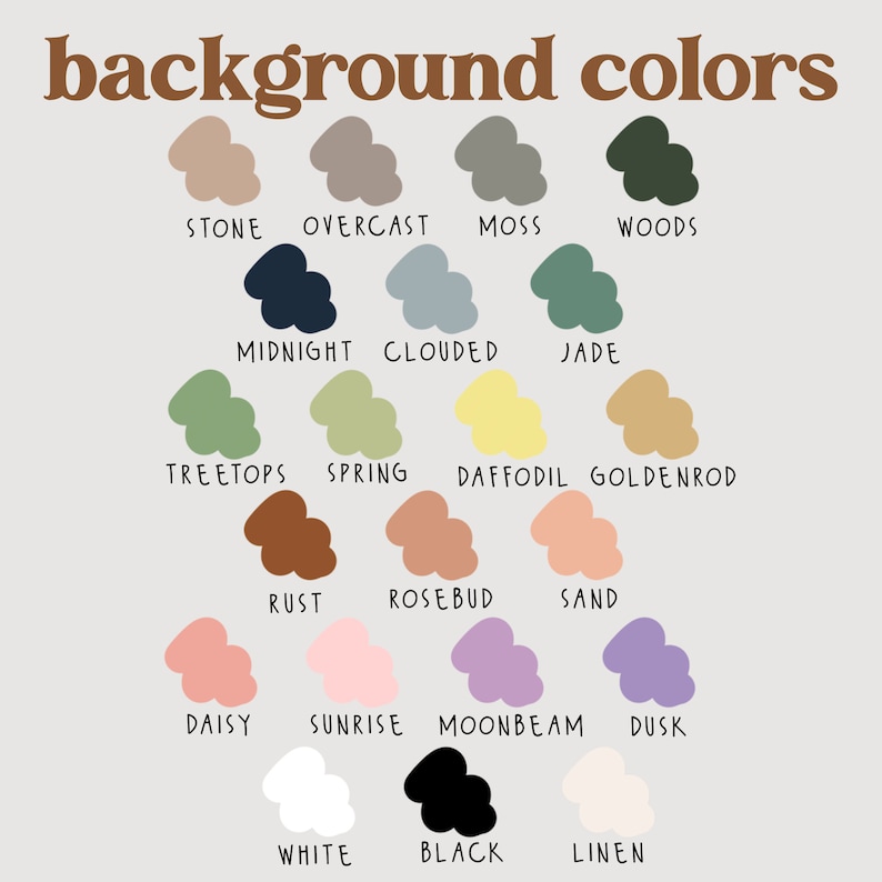 Pode incluir: Um gr&aacute;fico de 18 cores de fundo diferentes com nomes para cada cor. As cores incluem pedra, nublado, musgo, madeira, meia-noite, nublado, jade, copas das &aacute;rvores, primavera, narciso, vara de ouro, ferrugem, bot&atilde;o de rosa, areia, margarida, nascer do sol, luar, crep&uacute;sculo, branco, preto e linho.