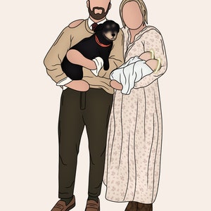 Pode incluir: Uma ilustra&ccedil;&atilde;o de retrato de fam&iacute;lia mostrando um casal segurando um beb&ecirc; e um cachorro. O homem est&aacute; vestindo um su&eacute;ter bege, cal&ccedil;as marrons e sapatos marrons. A mulher est&aacute; vestindo um vestido floral e botas marrons. O cachorro &eacute; preto com uma coleira vermelha. O beb&ecirc; est&aacute; enrolado em um cobertor branco.