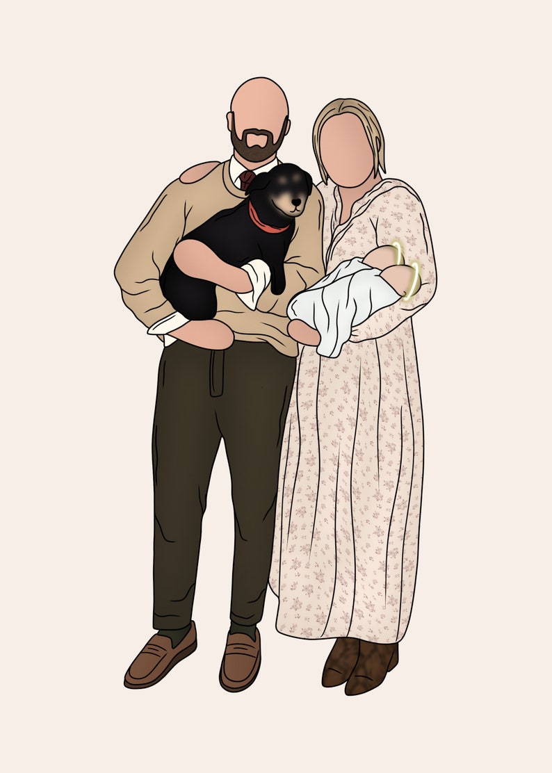 Pode incluir: Uma ilustra&ccedil;&atilde;o de retrato de fam&iacute;lia mostrando um casal segurando um beb&ecirc; e um cachorro. O homem est&aacute; vestindo um su&eacute;ter bege, cal&ccedil;as marrons e sapatos marrons. A mulher est&aacute; vestindo um vestido floral e botas marrons. O cachorro &eacute; preto com uma coleira vermelha. O beb&ecirc; est&aacute; enrolado em um cobertor branco.