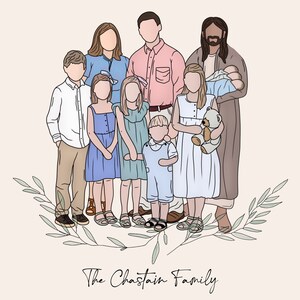 Pode incluir: Uma ilustra&ccedil;&atilde;o desenhada &agrave; m&atilde;o de um retrato de fam&iacute;lia. A fam&iacute;lia est&aacute; em p&eacute; junta em uma linha, com o pai no centro. A fam&iacute;lia est&aacute; vestida com roupas casuais e tem uma express&atilde;o calorosa e acolhedora. O texto "The Chastain Family" est&aacute; escrito abaixo da fam&iacute;lia.