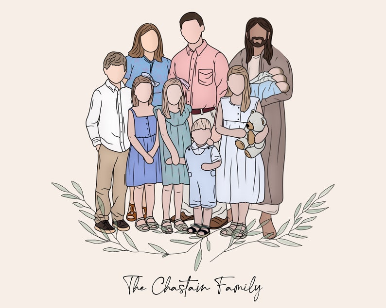 Pode incluir: Uma ilustra&ccedil;&atilde;o desenhada &agrave; m&atilde;o de um retrato de fam&iacute;lia. A fam&iacute;lia est&aacute; em p&eacute; junta em uma linha, com o pai no centro. A fam&iacute;lia est&aacute; vestida com roupas casuais e tem uma express&atilde;o calorosa e acolhedora. O texto "The Chastain Family" est&aacute; escrito abaixo da fam&iacute;lia.