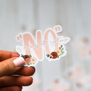 Può includere: Un adesivo rosa e bianco con il testo "NO" in grandi lettere rosa. Il testo "is a complete sentence" è scritto in lettere nere più piccole sotto la parola "NO". L'adesivo è decorato con piccoli fiori rosa e marroni.