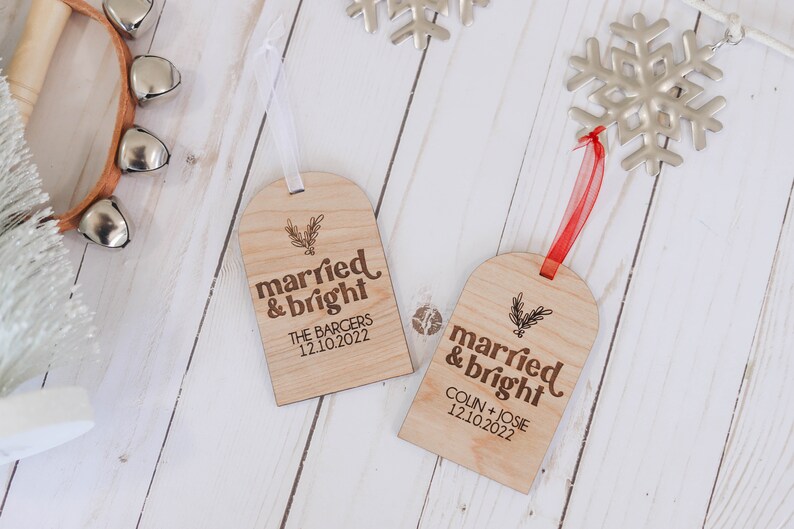 Married and Bright Custom Christmas Ornament Custom Wedding Gift Newlywed Christmas Ornament image 2