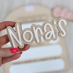 Pu&ograve; includere: Cartello in legno con il nome "Nora's" in bianco, con contorno. Il cartello &egrave; tenuto in mano con smalto rosa acceso. Lo sfondo include un arco di legno e un cartello rosa con la parola "Care".