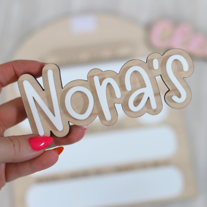 Pu&ograve; includere: Cartello in legno con il nome "Nora's" in bianco, con contorno. Il cartello &egrave; tenuto in mano con smalto rosa acceso. Lo sfondo include un arco di legno e un cartello rosa con la parola "Care".