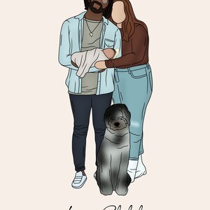 Pode incluir: Uma ilustra&ccedil;&atilde;o digital de uma fam&iacute;lia com um beb&ecirc;, um cachorro e o texto "Love, Shiloh". A fam&iacute;lia &eacute; composta por um homem com &oacute;culos e barba, uma mulher com cabelo castanho longo e um beb&ecirc; nos bra&ccedil;os do homem. O cachorro &eacute; um poodle cinza e branco sentado na frente da fam&iacute;lia.