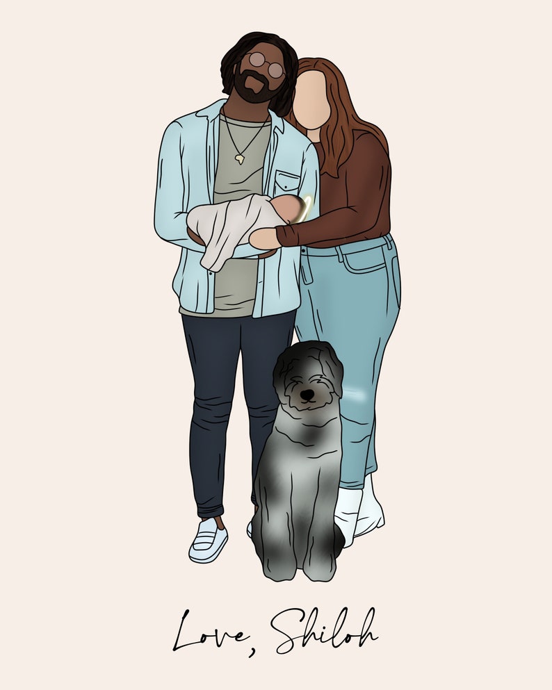 Pode incluir: Uma ilustra&ccedil;&atilde;o digital de uma fam&iacute;lia com um beb&ecirc;, um cachorro e o texto "Love, Shiloh". A fam&iacute;lia &eacute; composta por um homem com &oacute;culos e barba, uma mulher com cabelo castanho longo e um beb&ecirc; nos bra&ccedil;os do homem. O cachorro &eacute; um poodle cinza e branco sentado na frente da fam&iacute;lia.
