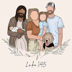 Pode incluir: Uma ilustra&ccedil;&atilde;o digital de uma fam&iacute;lia com um c&atilde;o. A fam&iacute;lia inclui um homem com barba que usa uma camisa azul e um bon&eacute; de beisebol, uma mulher com cabelo castanho comprido que usa uma camisa marrom e cal&ccedil;as c&aacute;qui, uma menina pequena com cabelo loiro comprido que usa um vestido azul, um beb&ecirc; em um cobertor branco e um c&atilde;o marrom e branco. A fam&iacute;lia est&aacute; cercada por folhas verdes e o texto "Lucas 1:45" est&aacute; escrito abaixo.