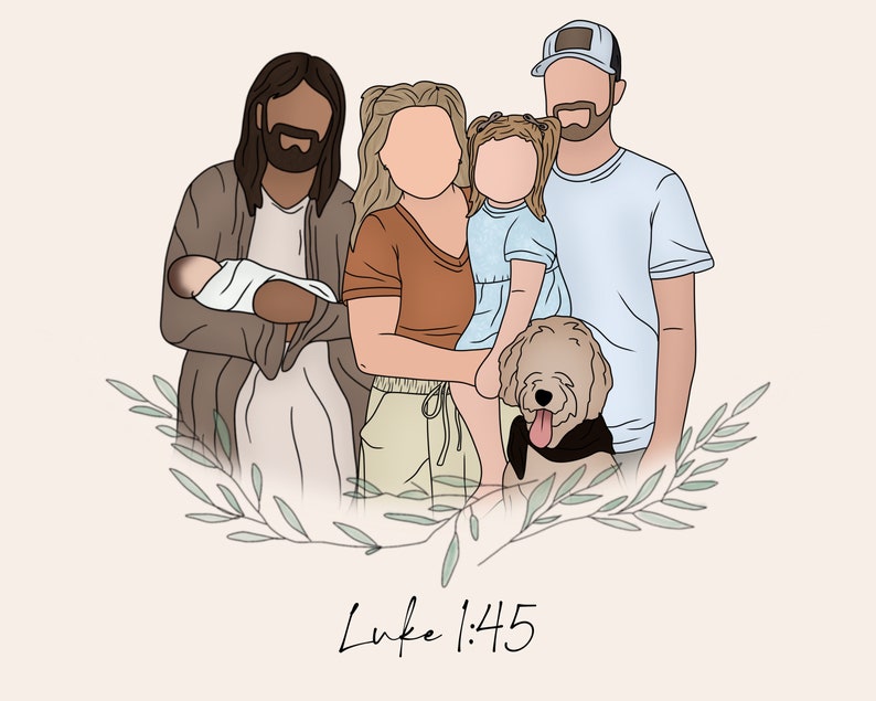 Pode incluir: Uma ilustra&ccedil;&atilde;o digital de uma fam&iacute;lia com um c&atilde;o. A fam&iacute;lia inclui um homem com barba que usa uma camisa azul e um bon&eacute; de beisebol, uma mulher com cabelo castanho comprido que usa uma camisa marrom e cal&ccedil;as c&aacute;qui, uma menina pequena com cabelo loiro comprido que usa um vestido azul, um beb&ecirc; em um cobertor branco e um c&atilde;o marrom e branco. A fam&iacute;lia est&aacute; cercada por folhas verdes e o texto "Lucas 1:45" est&aacute; escrito abaixo.