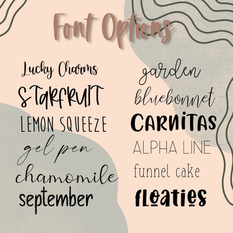 May include: A pink and gray graphic with the text "Font Options" at the top. The graphic features a variety of fonts in black text, including "Lucky Charms", "Starfruit", "Lemon Squeeze", "gel pen", "chamomile", "september", "garden", "bluebonnet", "CARNITAS", "ALPHA LINE", "funnel cake", and "floaties".