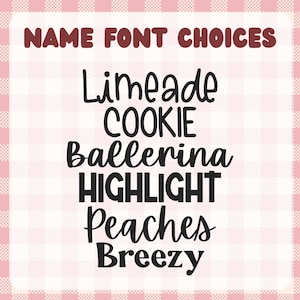 Pu&ograve; includere: Uno sfondo a quadri rosa e bianco con il testo "NAME FONT CHOICES" in marrone. Sotto, sono mostrati sei stili di carattere neri: Limeade, Cookie, Ballerina, Highlight, Peaches e Breezy, per la personalizzazione.