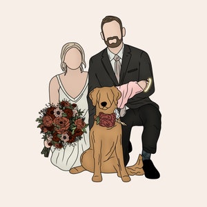 Pode incluir: Um casal posa para uma foto de casamento com seu c&atilde;o. A noiva est&aacute; vestindo um vestido branco e segurando um buqu&ecirc; de flores vermelhas, rosas e brancas. O noivo est&aacute; vestindo um terno preto e segurando um beb&ecirc; com um vestido rosa. O c&atilde;o &eacute; um golden retriever com uma rosa vermelha ao redor do pesco&ccedil;o.