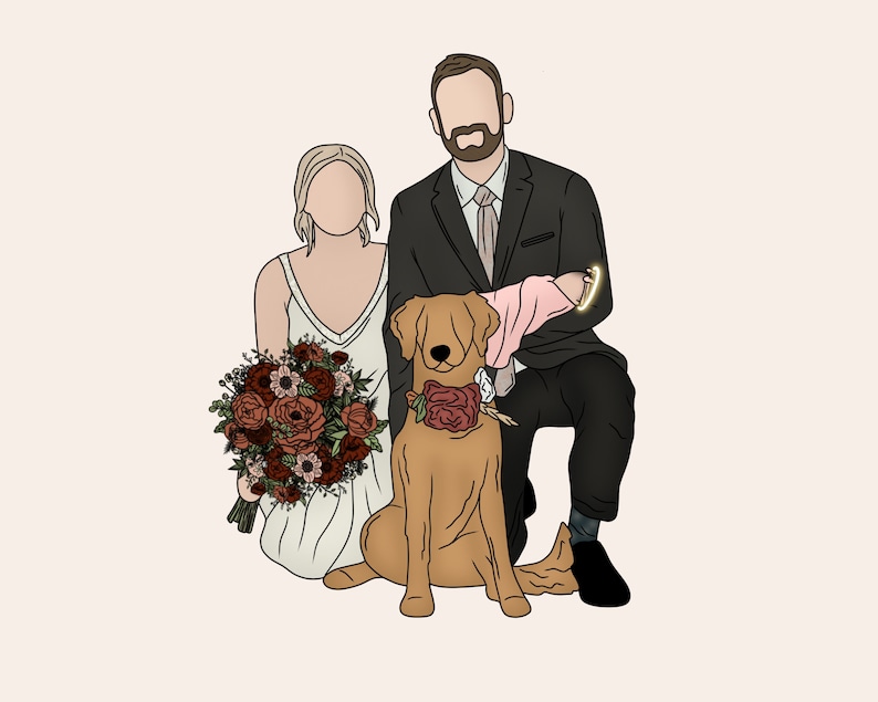 Pode incluir: Um casal posa para uma foto de casamento com seu c&atilde;o. A noiva est&aacute; vestindo um vestido branco e segurando um buqu&ecirc; de flores vermelhas, rosas e brancas. O noivo est&aacute; vestindo um terno preto e segurando um beb&ecirc; com um vestido rosa. O c&atilde;o &eacute; um golden retriever com uma rosa vermelha ao redor do pesco&ccedil;o.