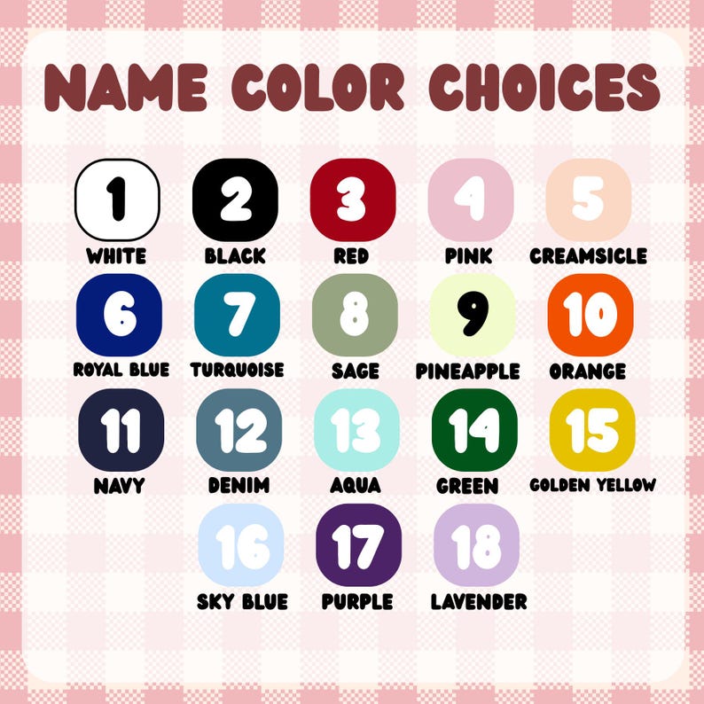Pu&ograve; includere: Un grafico che mostra "SCELTE DI COLORE DEL NOME" con 18 opzioni di colore. Ogni colore &egrave; in un cerchio numerato, con il nome del colore sottostante. I colori includono bianco, nero, rosso, rosa, crema, blu reale, turchese, salvia, ananas, arancione, blu navy, denim, acqua, verde, giallo dorato, celeste, viola e lavanda.