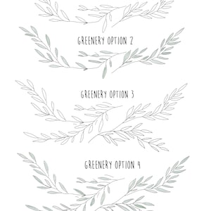 Pode incluir: Quatro op&ccedil;&otilde;es de vegeta&ccedil;&atilde;o desenhadas &agrave; m&atilde;o, cada uma com uma forma e estilo &uacute;nicos. A vegeta&ccedil;&atilde;o &eacute; desenhada em preto e branco com um preenchimento verde claro. O texto "GREENERY OPTION 1", "GREENERY OPTION 2", "GREENERY OPTION 3" e "GREENERY OPTION 4" est&aacute; escrito abaixo de cada op&ccedil;&atilde;o.