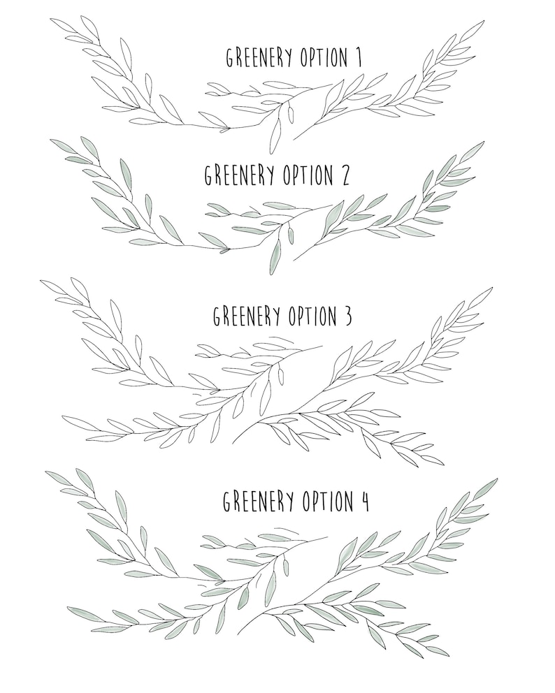 Pode incluir: Quatro op&ccedil;&otilde;es de vegeta&ccedil;&atilde;o desenhadas &agrave; m&atilde;o, cada uma com uma forma e estilo &uacute;nicos. A vegeta&ccedil;&atilde;o &eacute; desenhada em preto e branco com um preenchimento verde claro. O texto "GREENERY OPTION 1", "GREENERY OPTION 2", "GREENERY OPTION 3" e "GREENERY OPTION 4" est&aacute; escrito abaixo de cada op&ccedil;&atilde;o.