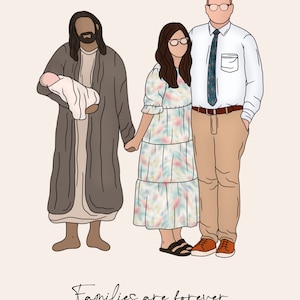Pode incluir: Uma ilustra&ccedil;&atilde;o digital de uma fam&iacute;lia com um pai, uma m&atilde;e e um beb&ecirc;. O pai est&aacute; vestindo uma camisa branca, uma gravata azul e cal&ccedil;as c&aacute;qui. A m&atilde;e est&aacute; vestindo um vestido floral. O beb&ecirc; est&aacute; sendo segurado por uma pessoa que est&aacute; vestindo uma t&uacute;nica marrom. O texto "Fam&iacute;lias s&atilde;o para sempre" est&aacute; escrito abaixo da fam&iacute;lia.