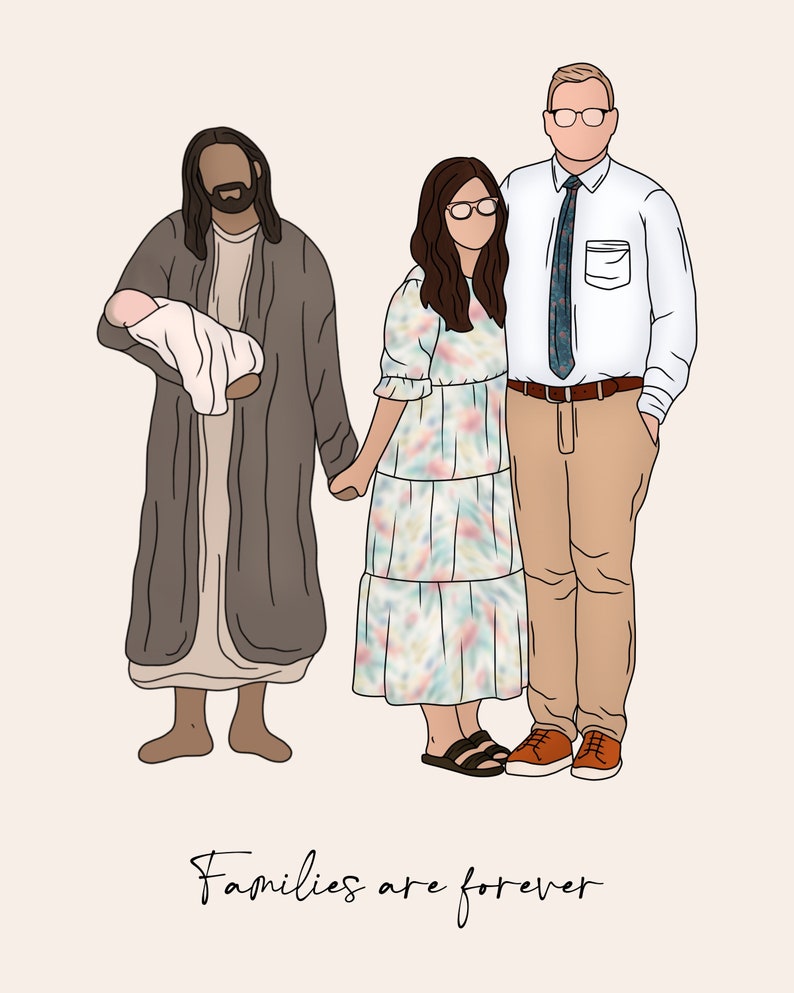 Pode incluir: Uma ilustra&ccedil;&atilde;o digital de uma fam&iacute;lia com um pai, uma m&atilde;e e um beb&ecirc;. O pai est&aacute; vestindo uma camisa branca, uma gravata azul e cal&ccedil;as c&aacute;qui. A m&atilde;e est&aacute; vestindo um vestido floral. O beb&ecirc; est&aacute; sendo segurado por uma pessoa que est&aacute; vestindo uma t&uacute;nica marrom. O texto "Fam&iacute;lias s&atilde;o para sempre" est&aacute; escrito abaixo da fam&iacute;lia.