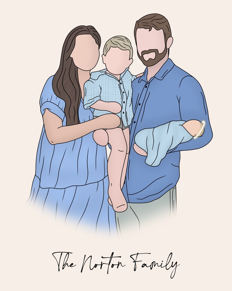 Pode incluir: Uma ilustra&ccedil;&atilde;o digital de um retrato de fam&iacute;lia. Um homem, uma mulher e duas crian&ccedil;as s&atilde;o retratados em um esquema de cores azul claro. A fam&iacute;lia est&aacute; sorrindo e est&aacute; de p&eacute; junta. O texto "The Norton Family" est&aacute; escrito abaixo da imagem.