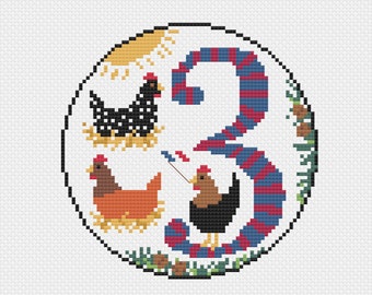 Three French Hens Cross Stitch Pattern - 12 Days of Christmas Series