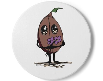 Cute Coffee Bean Character Ceramic Coaster | Cute Plant Illustration, Floral Bouquet